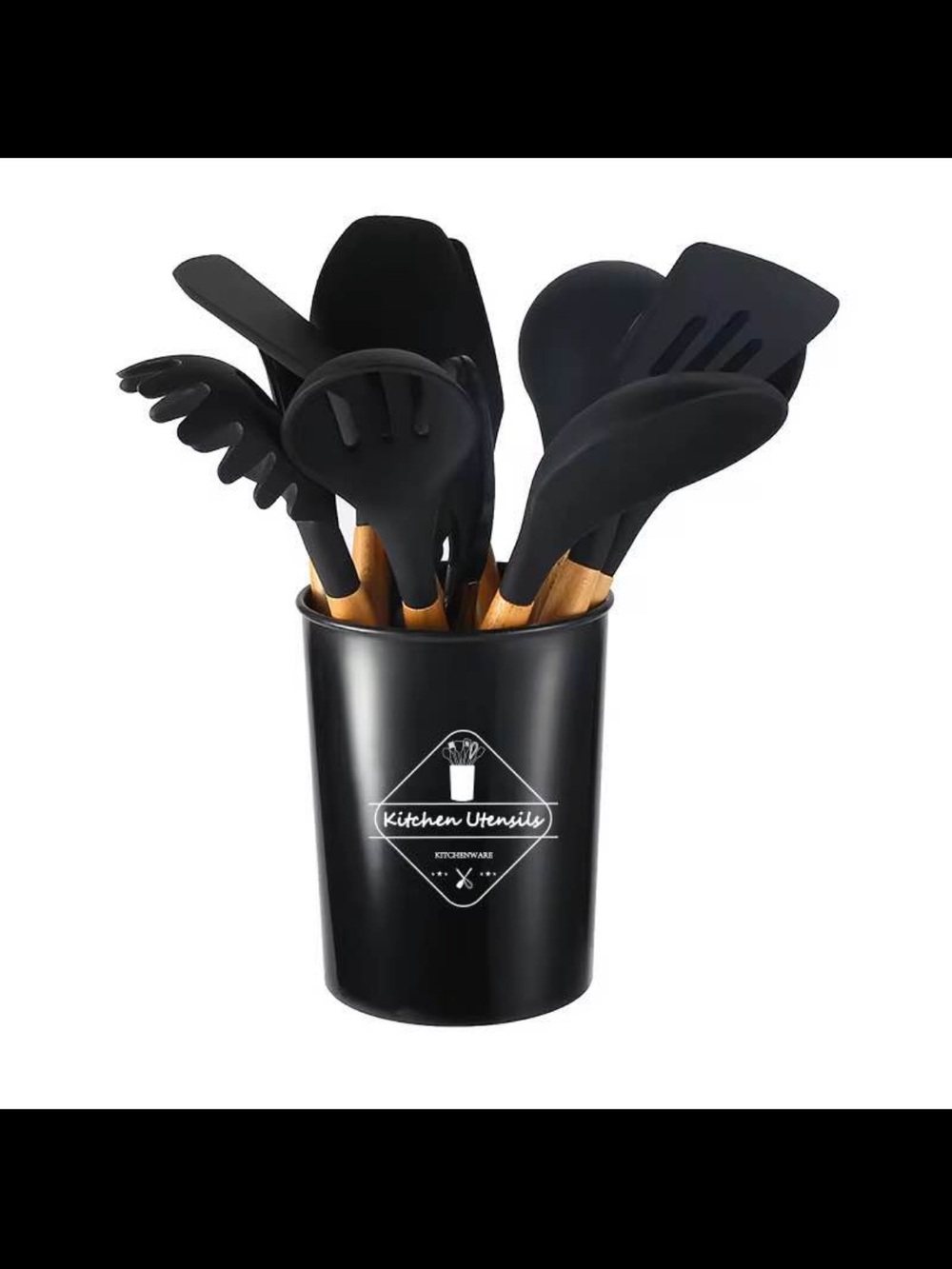 Black Silicone Bamboo-Handle Kitchen Utensil Set